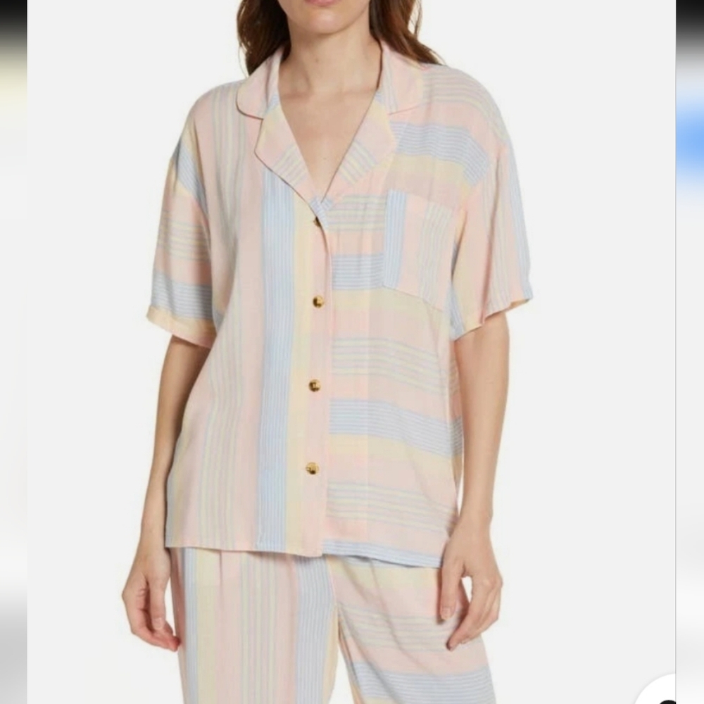 PJ SALVAGE 2 Pc Sunset Stripes Button Down Top Drawstring Pant Pajamas Pink